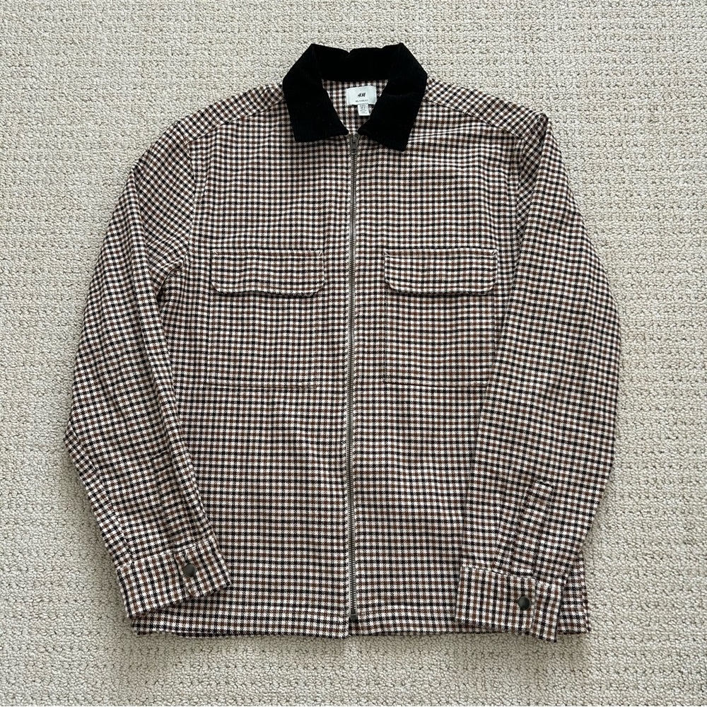 H&M Men's Black and Brown Checkered Jacket with Corduroy Collar size small